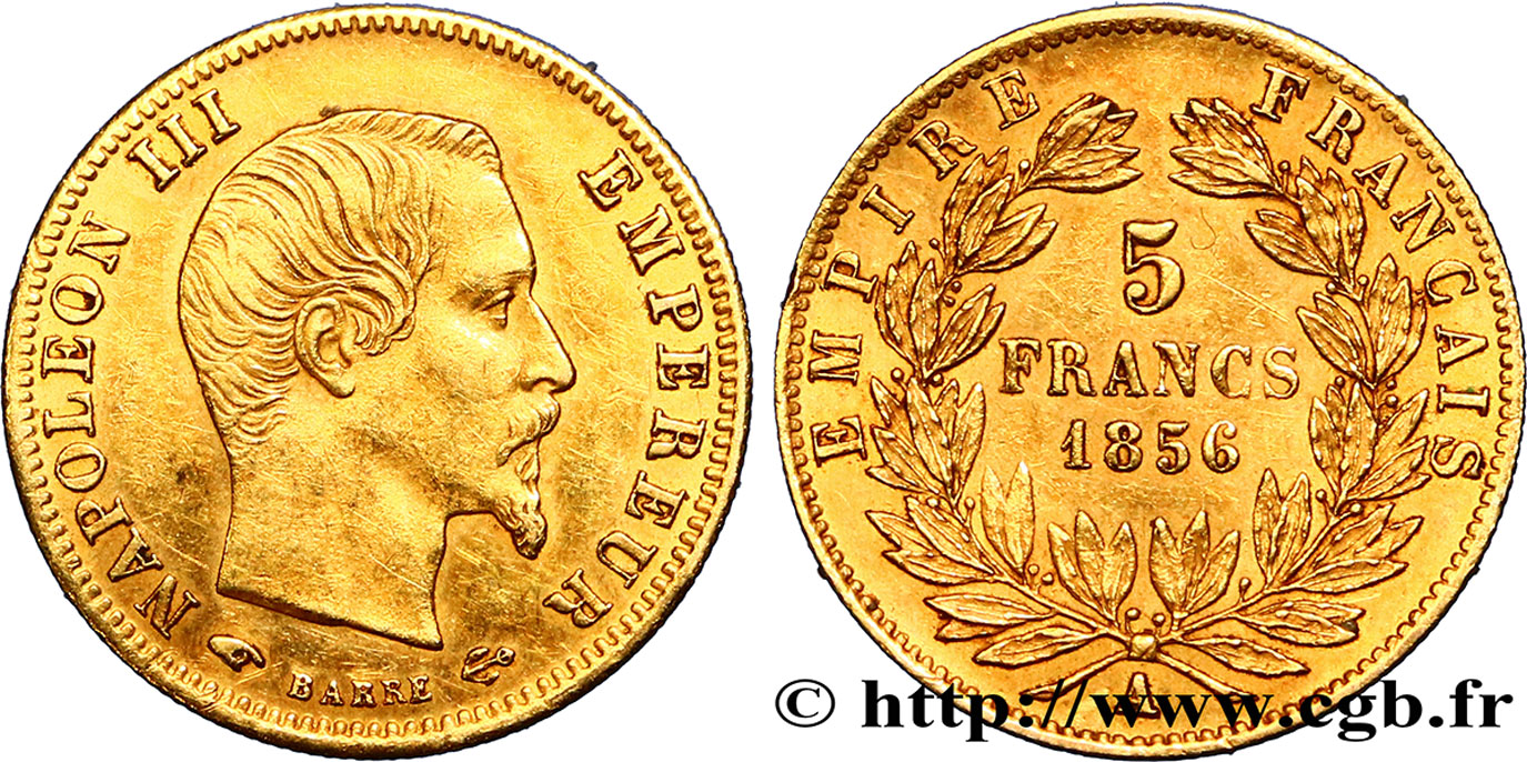 5 francs or Napoléon III, tête nue, grand module 1856 Paris F.501/2 XF48 