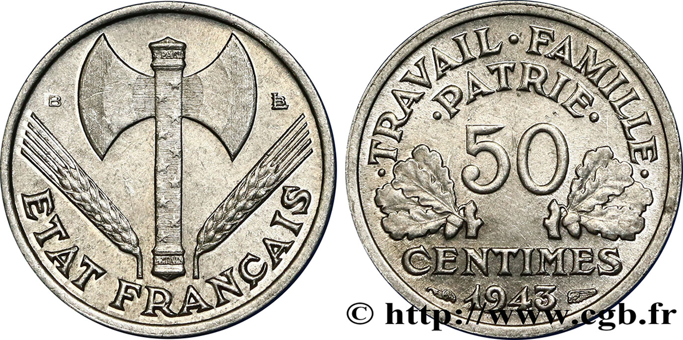 50 centimes Francisque, légère 1943 Beaumont-Le-Roger F.196/3 TTB52