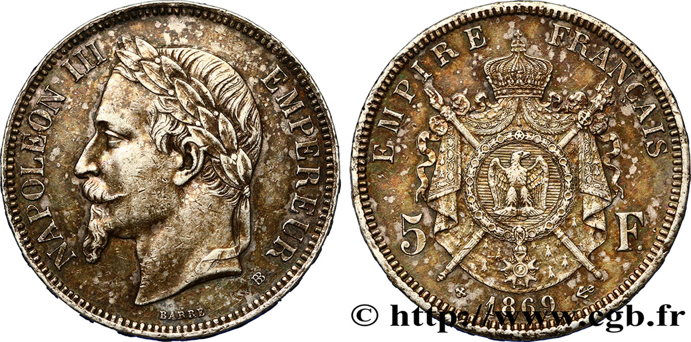 5 francs Napoléon III, tête laurée 1869 Strasbourg F.331/15 SUP55 