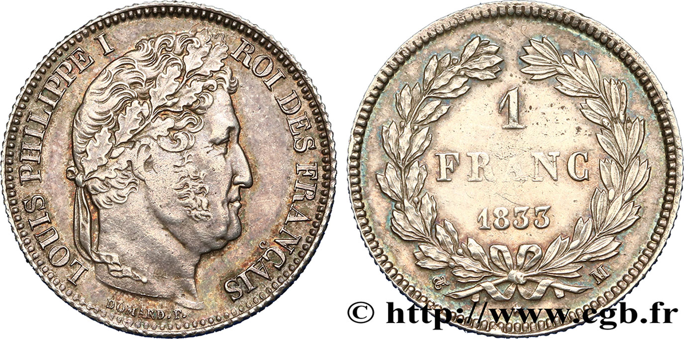 1 franc Louis-Philippe, couronne de chêne 1833 Toulouse F.210/22 TTB50 