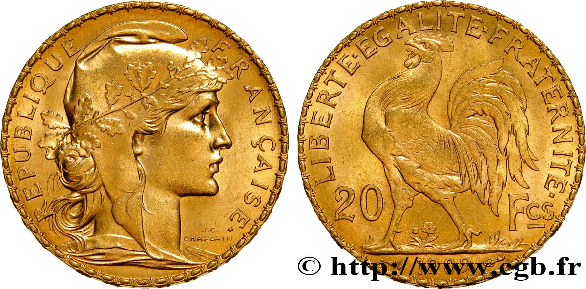 20 francs or Coq, Liberté Égalité Fraternité 1909 Paris F.535/3 MS63 