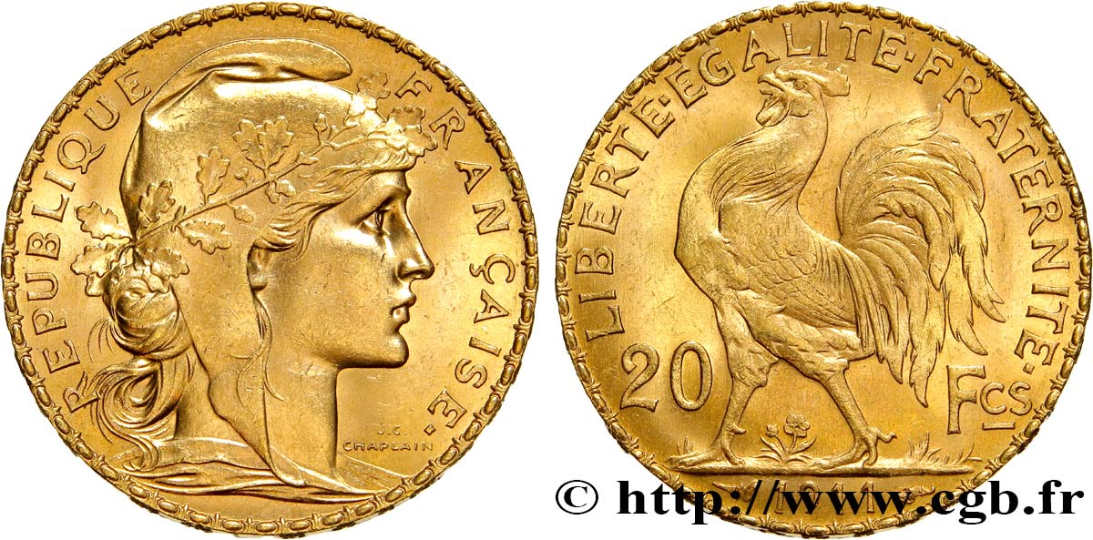 20 francs or Coq, Liberté Égalité Fraternité 1911  F.535/5 MS63 