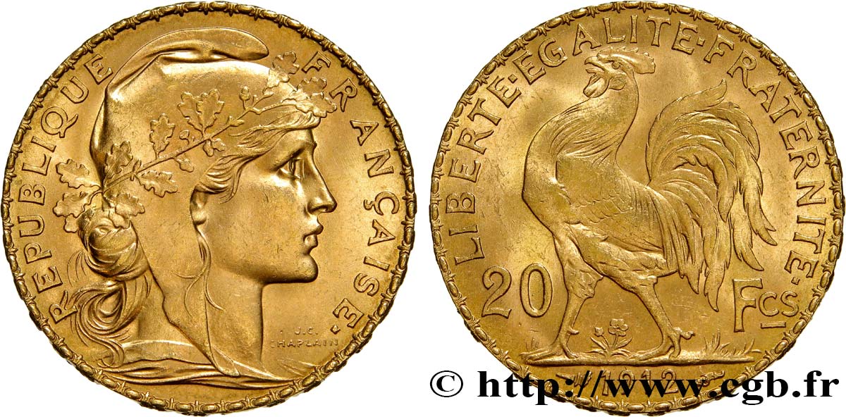 20 francs or Coq, Liberté Égalité Fraternité 1912  F.535/6 MS63 