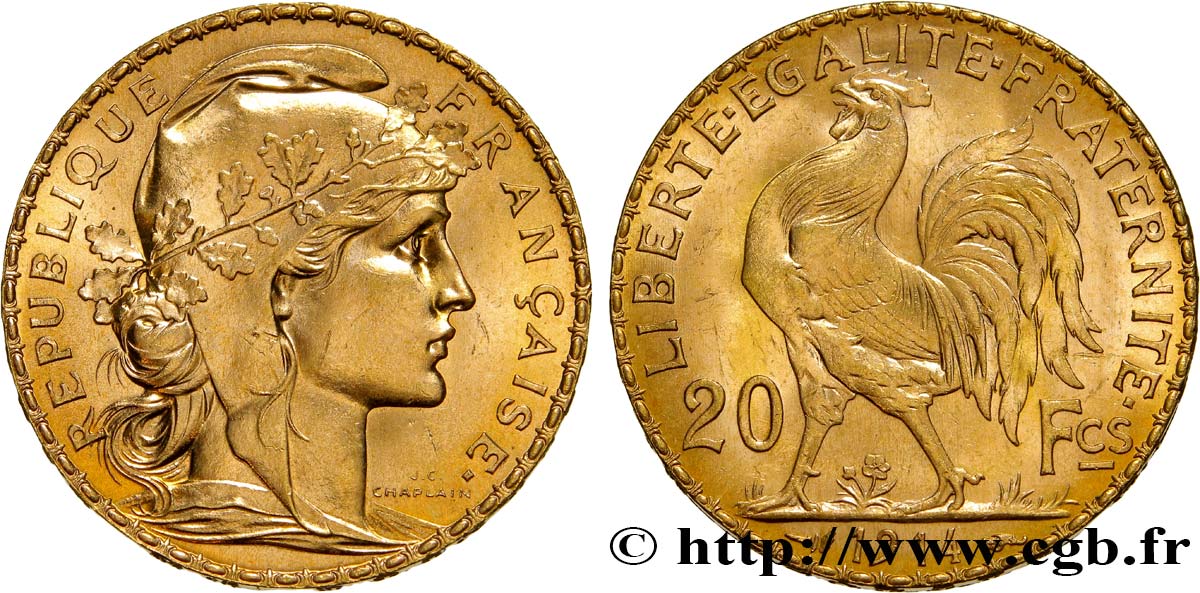 20 francs or Coq, Liberté Égalité Fraternité 1914 Paris F.535/8 MS63 