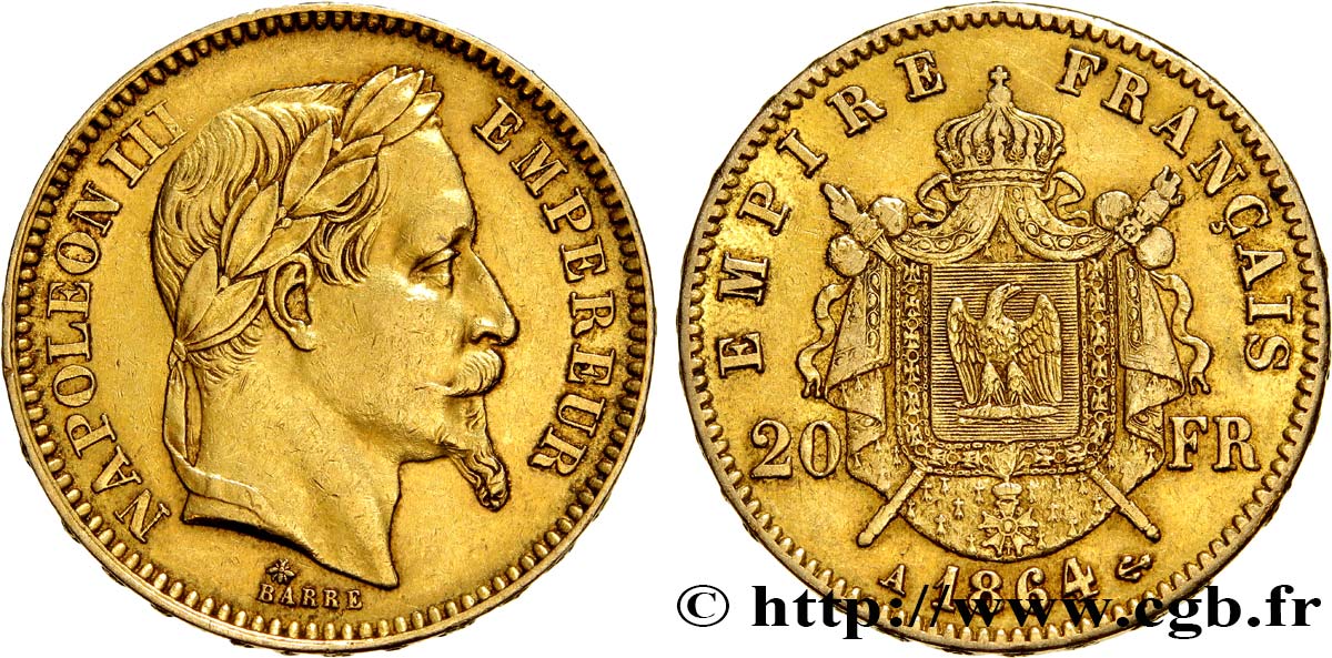 20 francs or Napoléon III, tête laurée 1864 Paris F.532/8 TTB48 