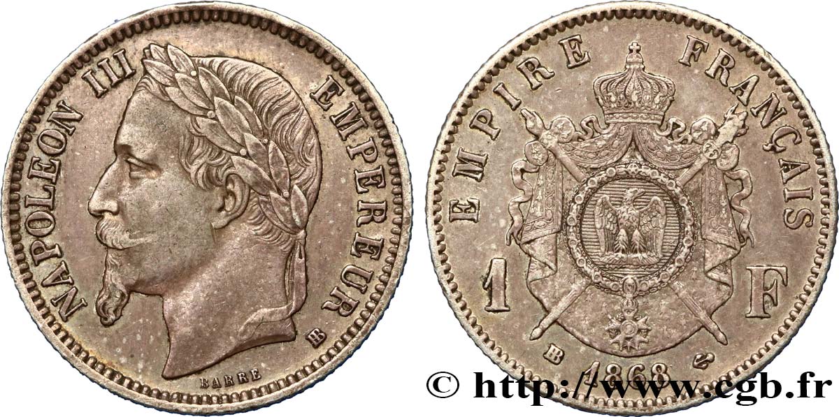 1 franc Napoléon III, tête laurée, double BB 1868 Strasbourg F.215/13 MBC48 