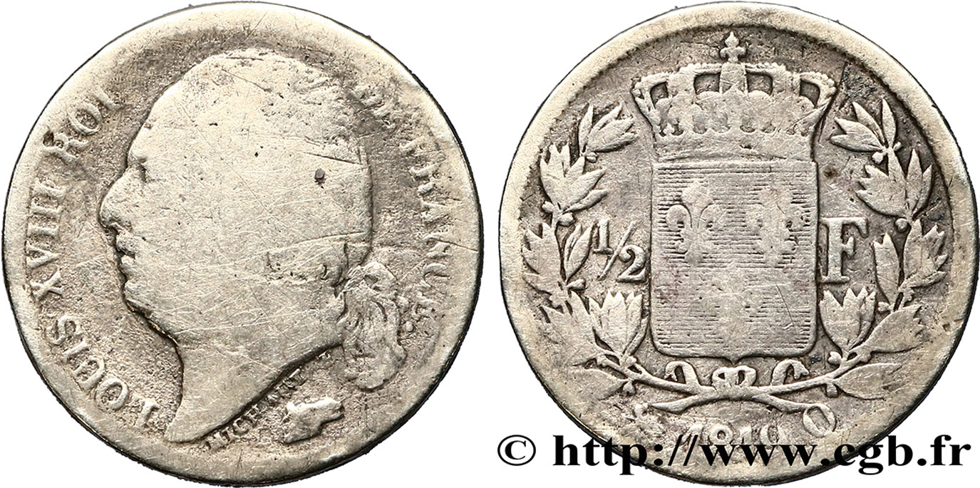 1/2 franc Louis XVIII 1819 Perpignan F.179/22 VG8 