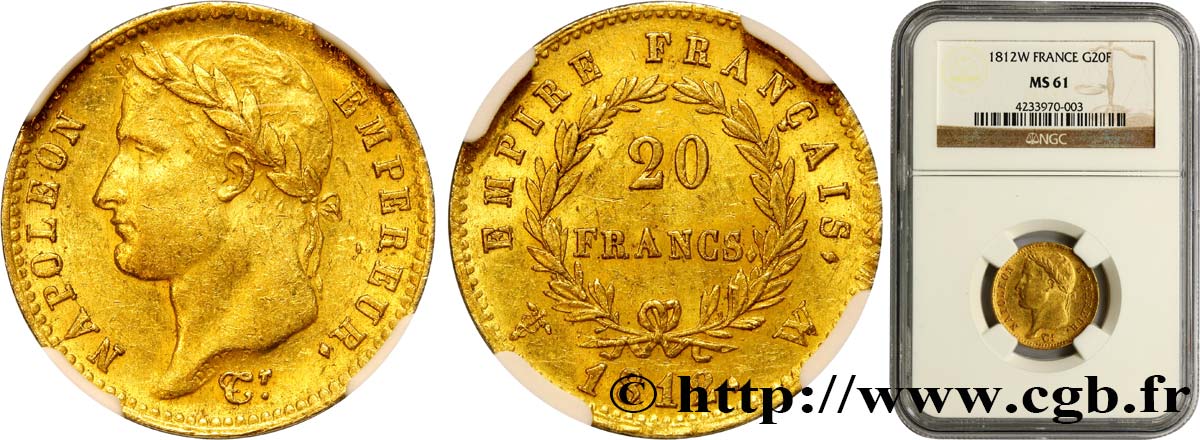 20 francs or Napoléon, tête laurée, Empire français 1812 Lille F.516/29 SPL61 NGC