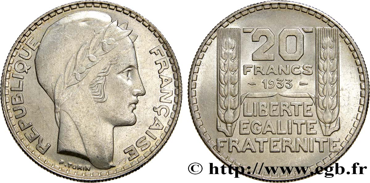 20 francs Turin, rameaux longs 1933  F.400/5 MS62 