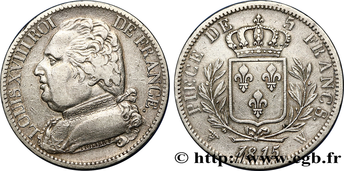 5 francs Louis XVIII, buste habillé 1815 Lille F.308/31 XF40 