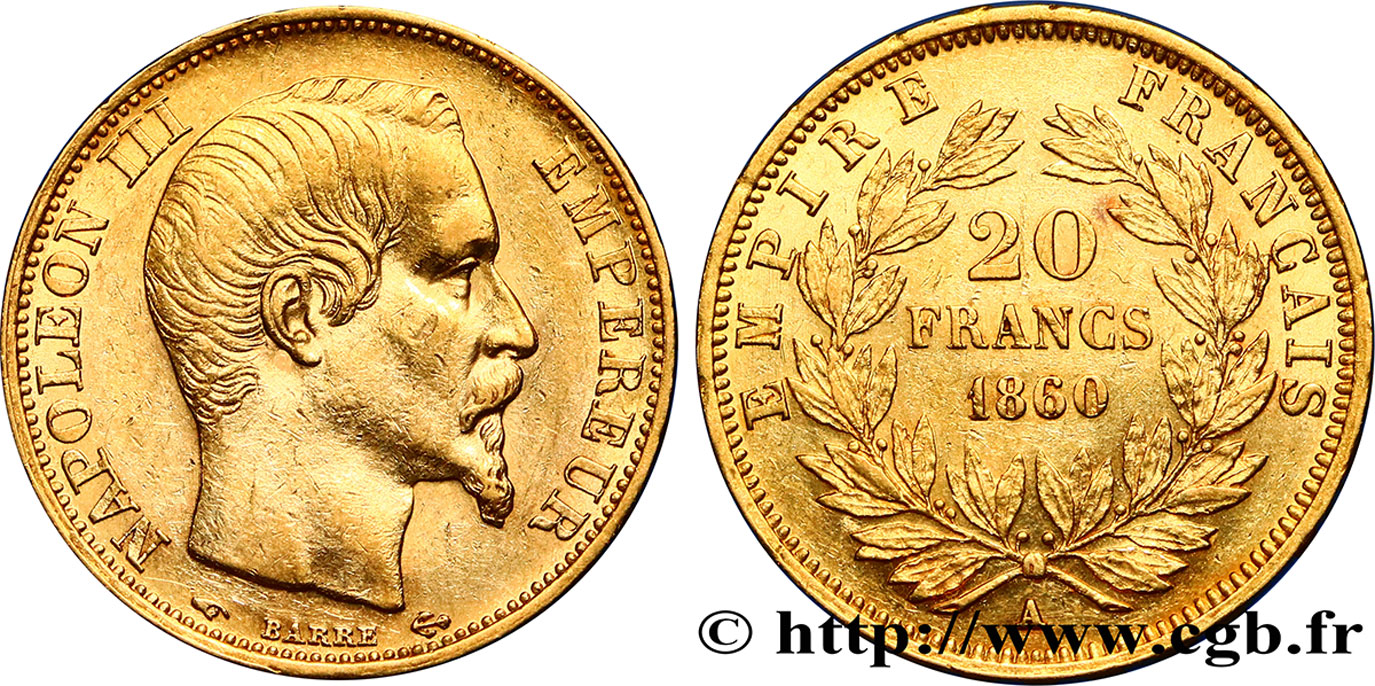 20 francs or Napoléon III, tête nue 1860 Paris F.531/17 SS52 