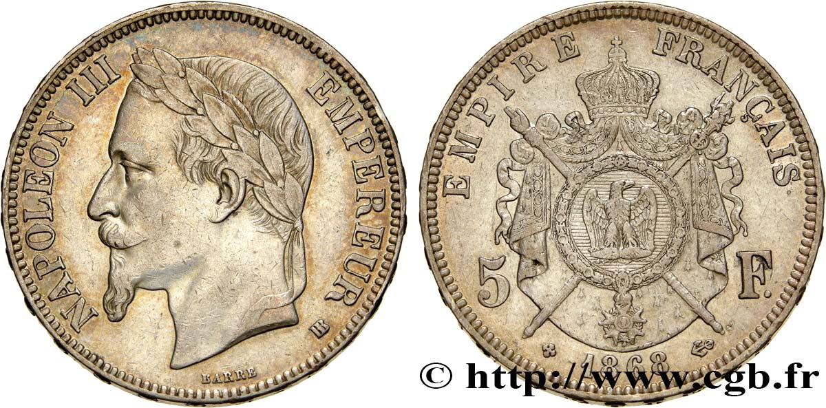 5 francs Napoléon III, tête laurée 1868 Strasbourg F.331/13 XF48 