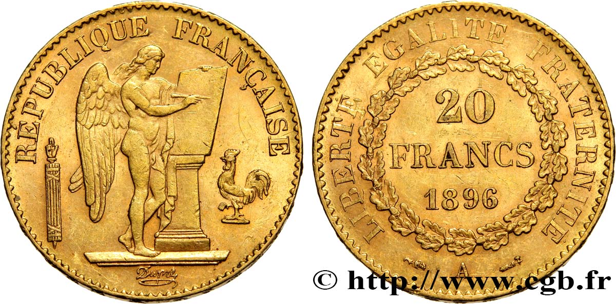 20 francs or Génie, Troisième République 1896 Paris F.533/20 AU50 