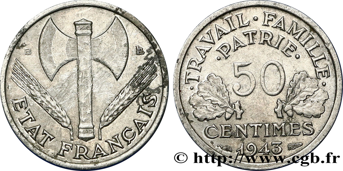 50 centimes Francisque, légère 1943 Beaumont-le-Roger F.196/3 TTB40