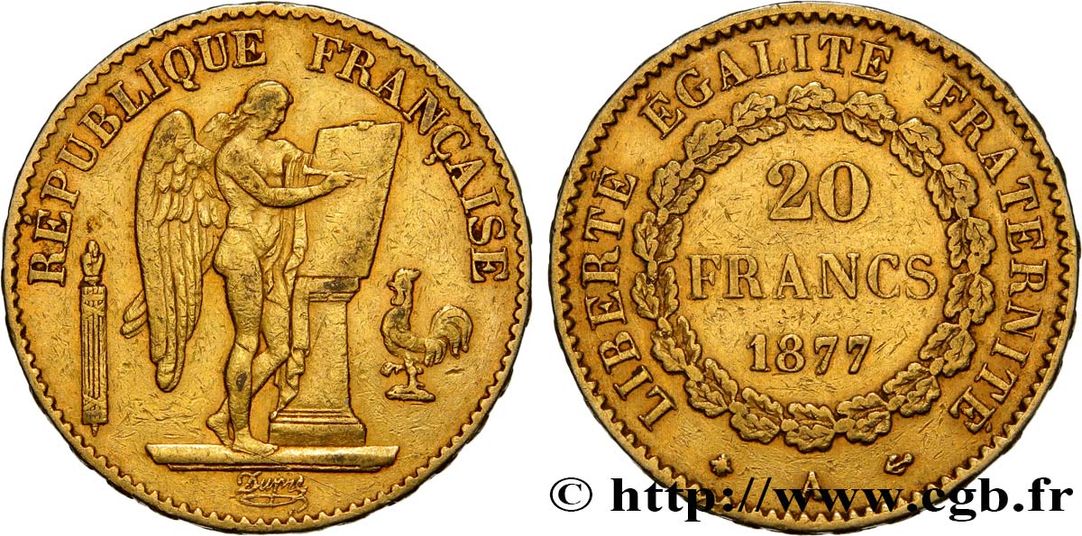 20 francs or Génie, IIIe République 1877 Paris F.533/5 MBC45 