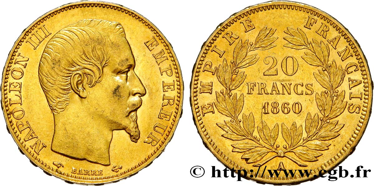 20 francs or Napoléon III, tête nue 1860 Paris F.531/18 SUP55 