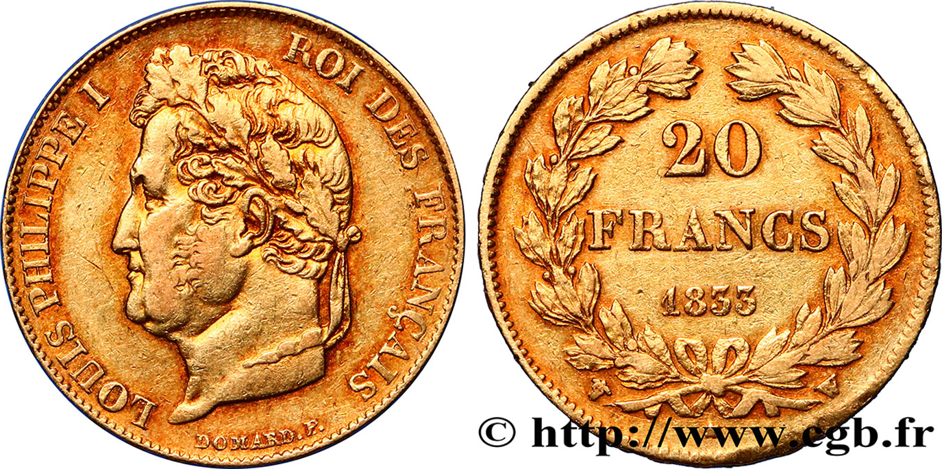 20 francs or Louis-Philippe, Domard 1833 Lille F.527/6 XF42 