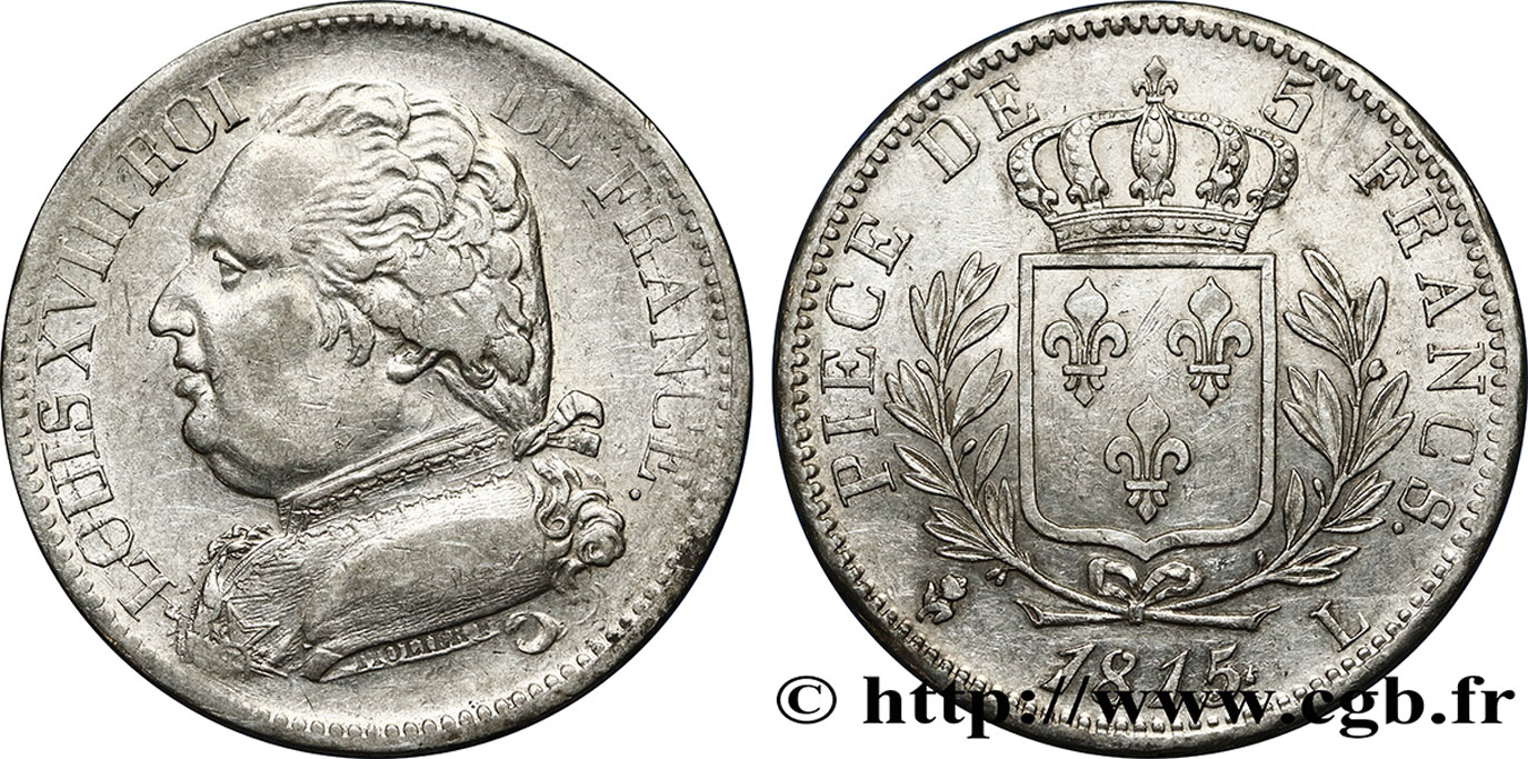 5 francs Louis XVIII, buste habillé 1815 Bayonne F.308/24 XF45 