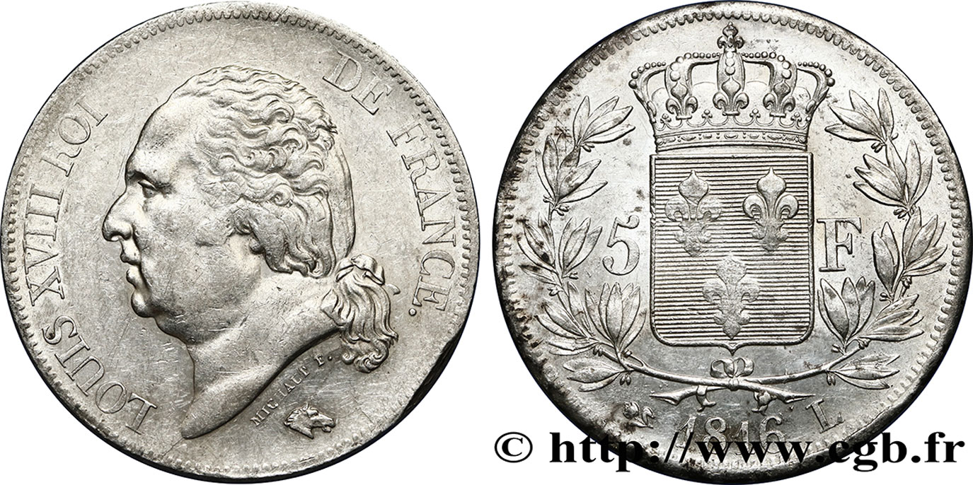 5 francs Louis XVIII, tête nue 1816 Bayonne F.309/8 TTB+ 