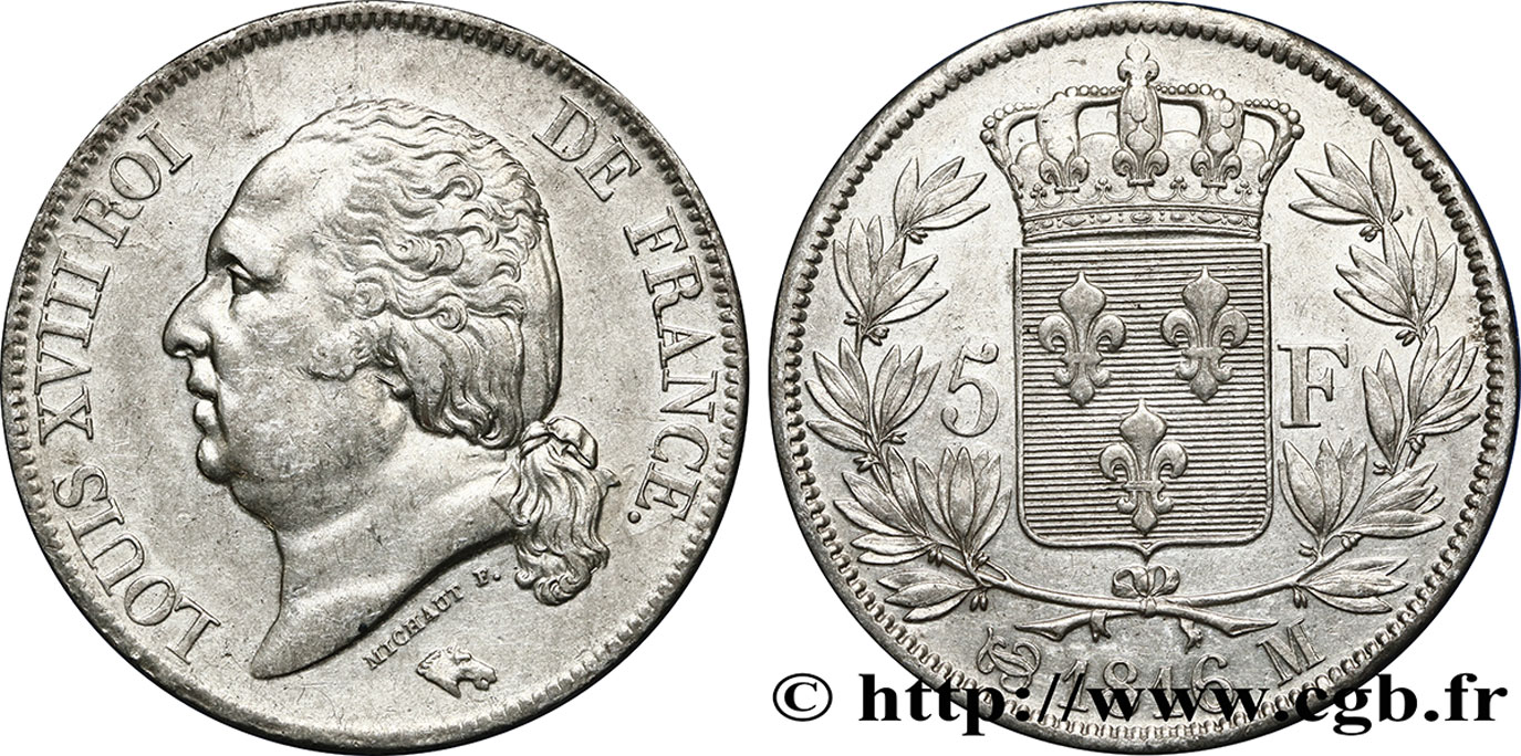5 francs Louis XVIII, tête nue 1816 Toulouse F.309/9 AU50 