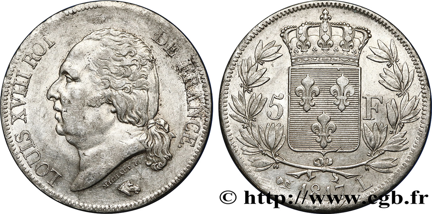 5 francs Louis XVIII, tête nue 1817 Bayonne F.309/22 MBC50 