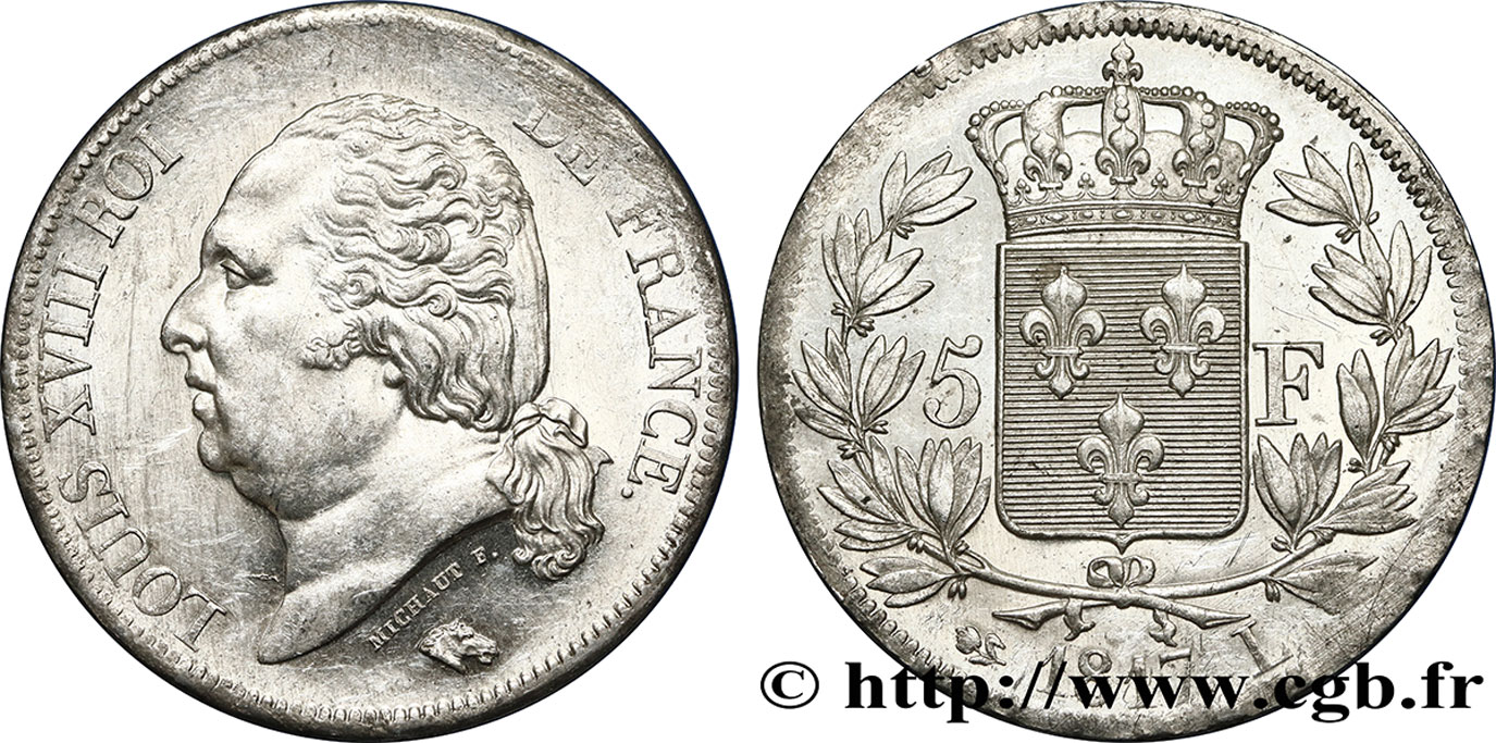 5 francs Louis XVIII, tête nue 1817 Bayonne F.309/22 SPL63 