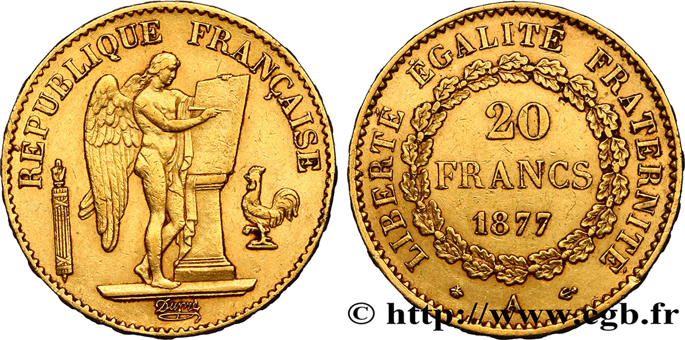 20 francs or Génie, IIIe République 1877 Paris F.533/5 BB45 
