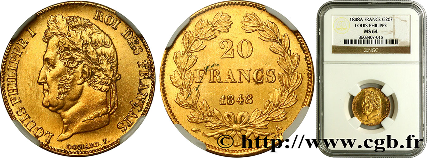 20 francs or Louis-Philippe, Domard 1848 Paris F.527/38 MS64 NGC