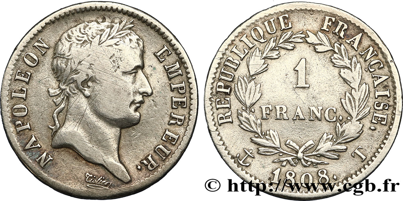1 franc Napoléon Ier tête laurée, République française 1808 Nantes F.204/13 TTB40 