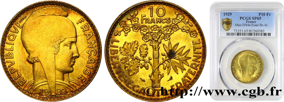Concours de 10 francs, essai de Bazor en bronze-aluminium 1929 Paris GEM.161 3 ST65 PCGS