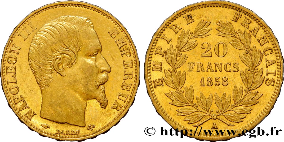 20 francs or Napoléon III, tête nue 1858 Paris F.531/13 AU54 