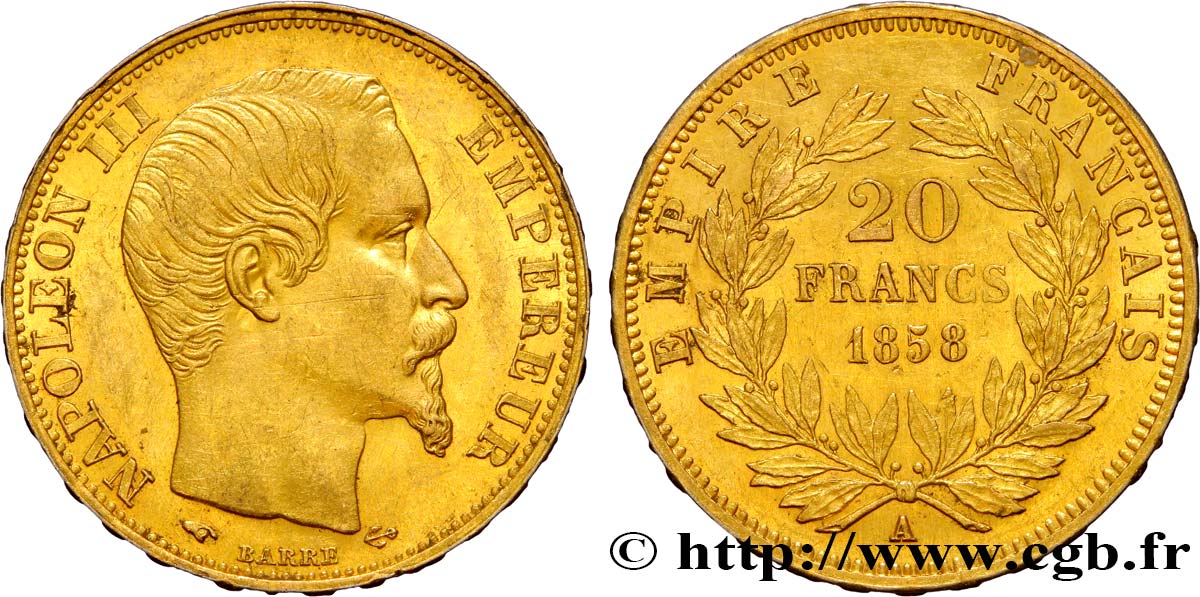 20 francs or Napoléon III, tête nue 1858 Paris F.531/13 VZ55 