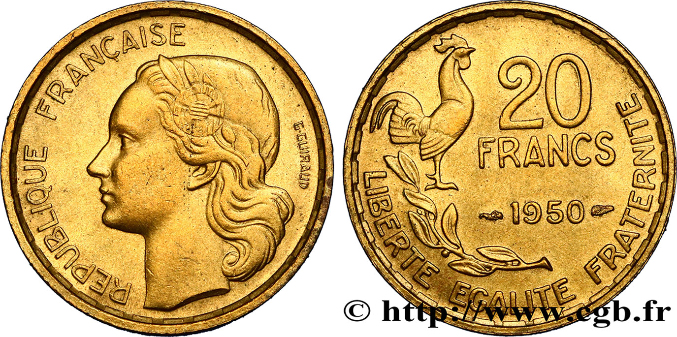 20 francs G. Guiraud, 3 faucilles 1950  F.402/2 AU55 