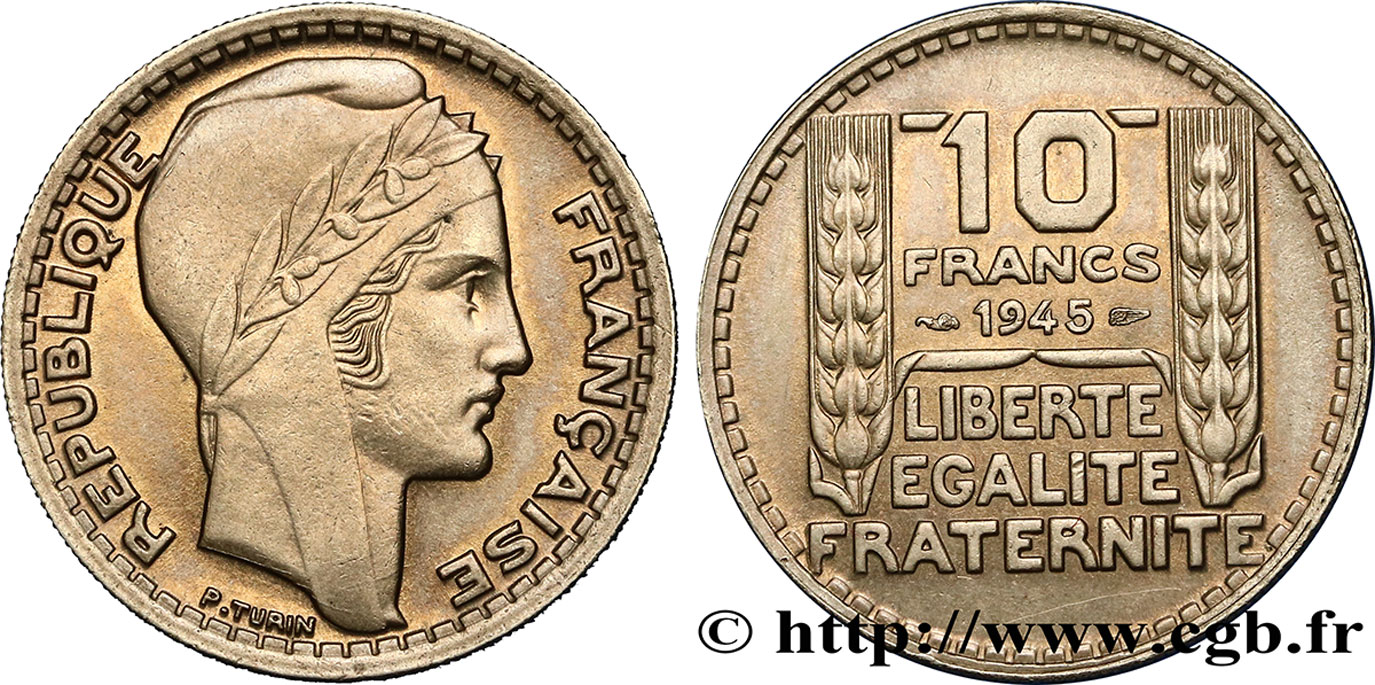 10 francs Turin, grosse tête, rameaux courts 1945  F.361A/1 AU52 