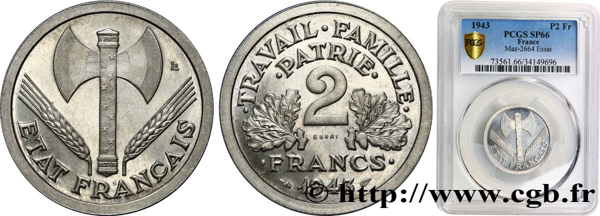 Essai de 2 francs Francisque 1943 Paris F.270/1 MS66 PCGS
