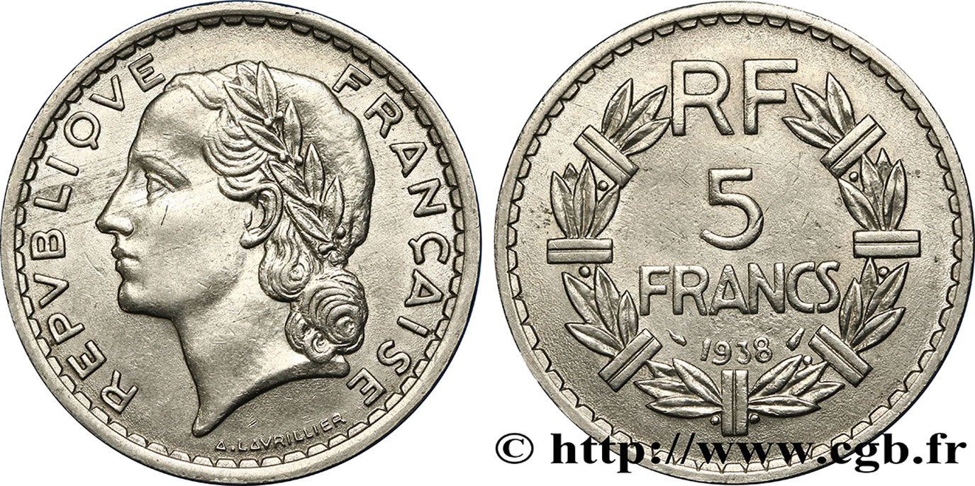 5 francs Lavrillier, nickel 1938  F.336/7 BB52 