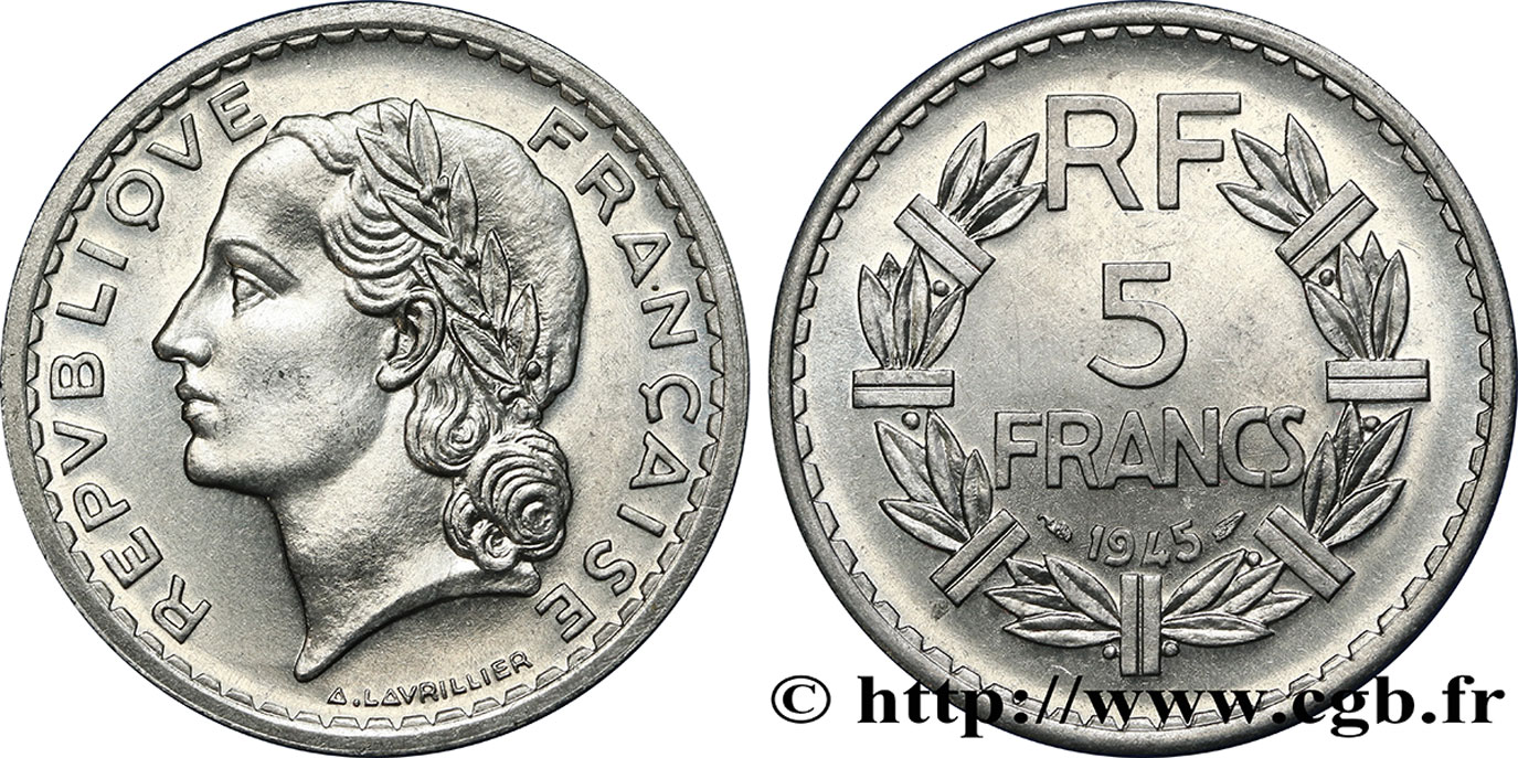 5 francs Lavrillier, aluminium 1945  F.339/3 fST63 