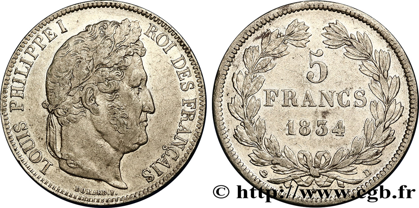 5 francs IIe type Domard 1834 Lyon F.324/32 AU50 