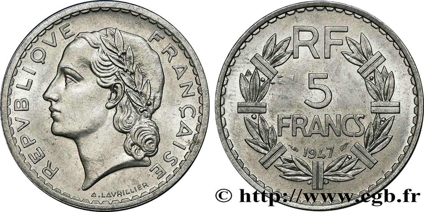 5 francs Lavrillier en aluminium 1947  F.339/10 MS62 