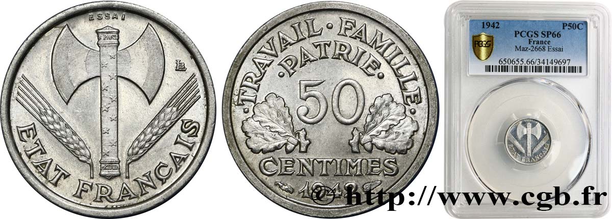 Essai aluminium de 50 centimes Francisque 1942 Paris F.195/1 ST66 PCGS
