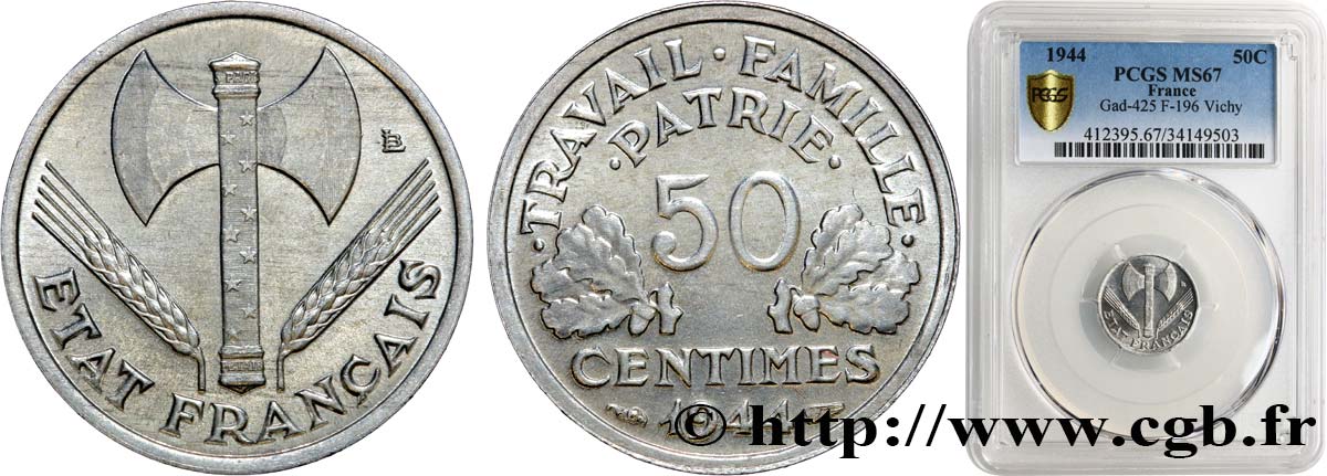 50 centimes Francisque, légère 1944  F.196/4 MS67 PCGS