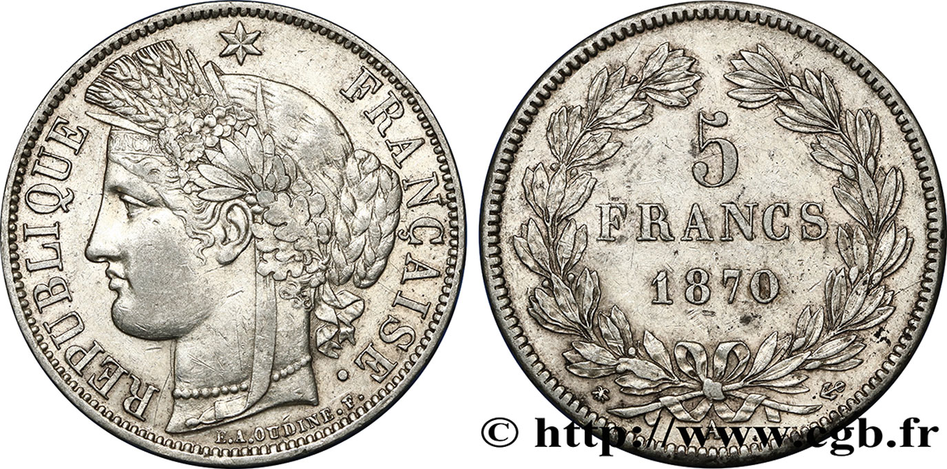 5 francs Cérès, sans légende 1870 Paris F.332/1 TTB48