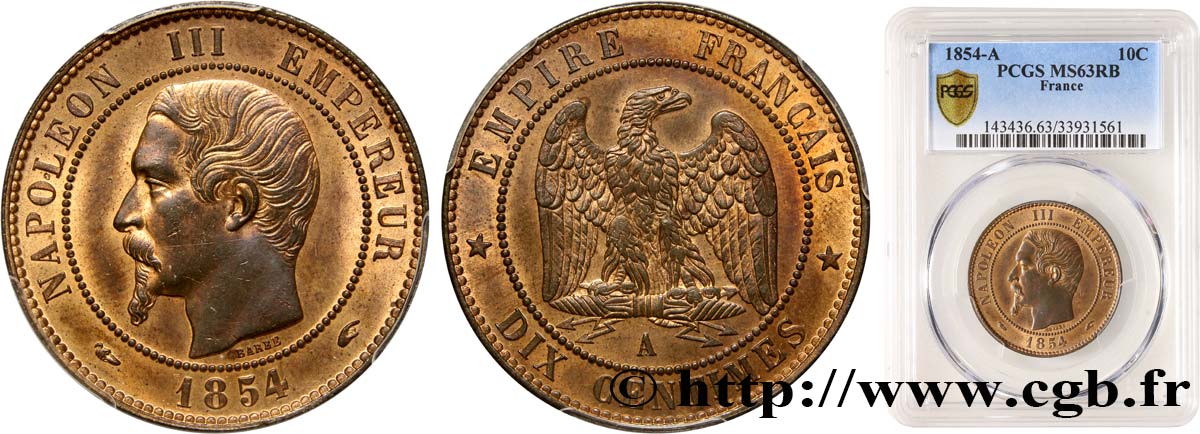 Dix centimes Napoléon III, tête nue 1854 Paris F.133/11 SPL63 PCGS