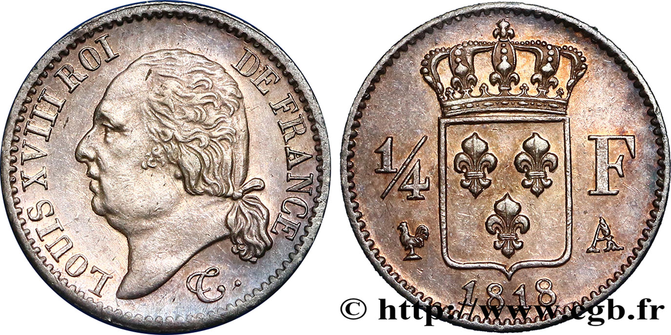 1/4 franc Louis XVIII 1818 Paris F.163/12 SUP55 