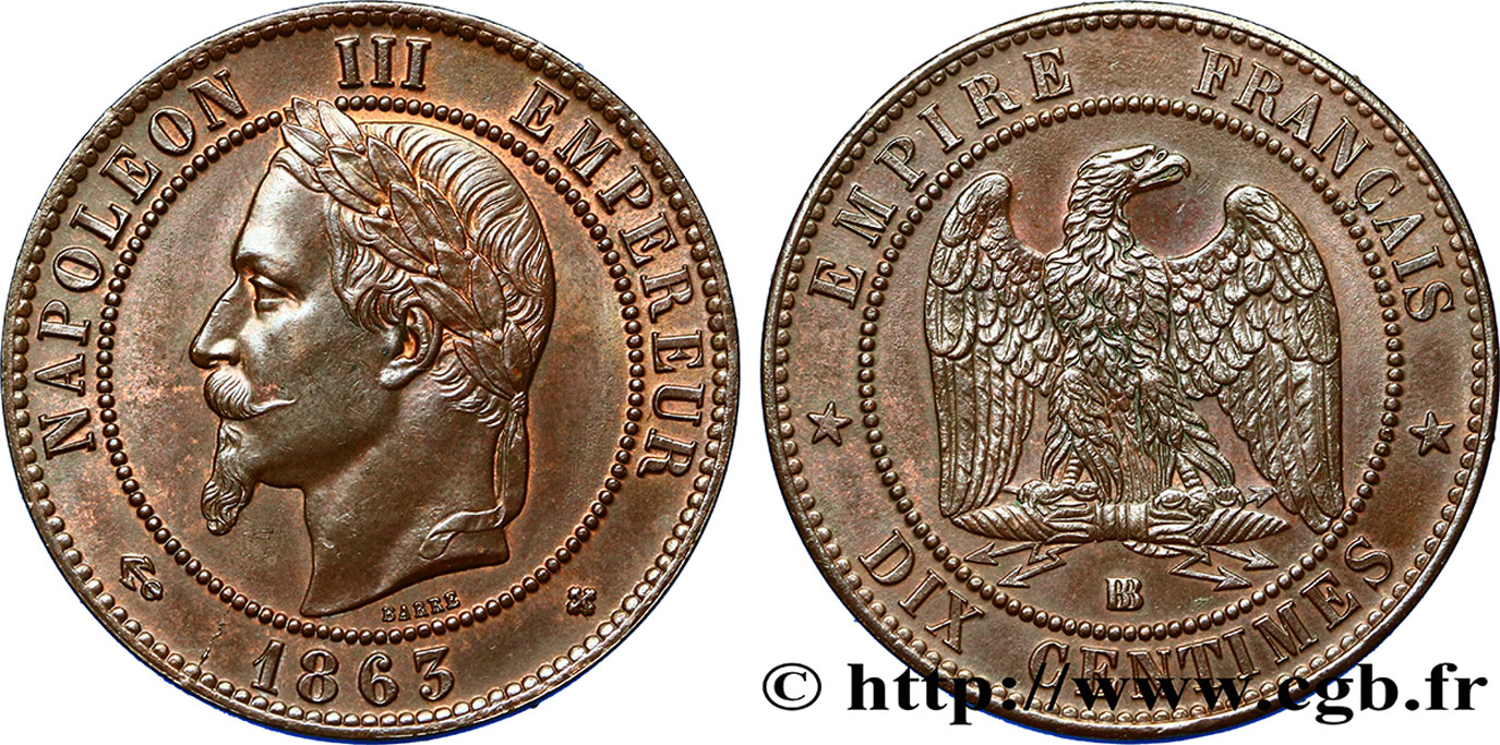 Dix centimes Napoléon III, tête laurée 1863 Strasbourg F.134/11 SPL60 