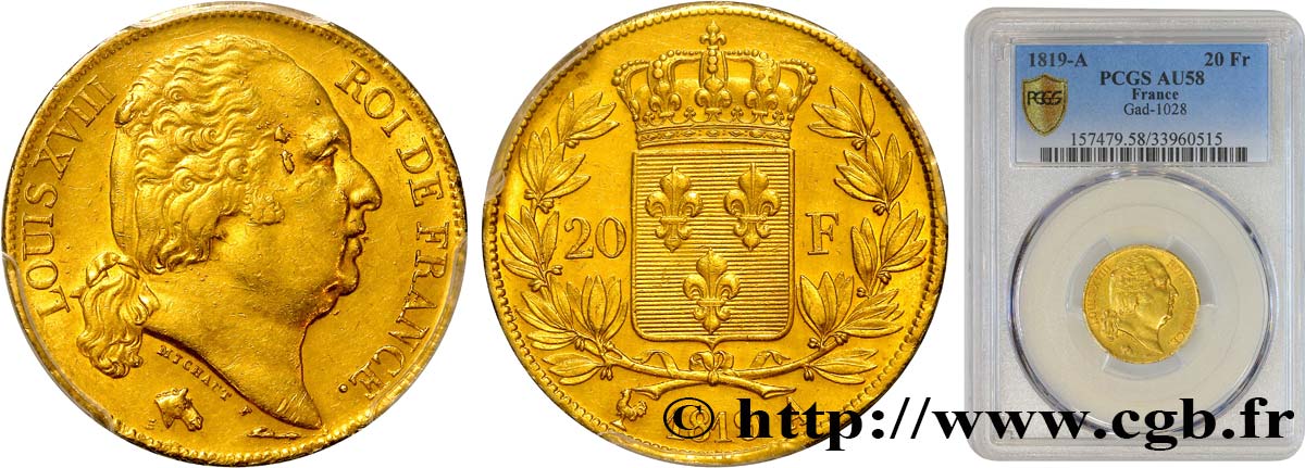 20 francs or Louis XVIII, tête nue 1819 Paris F.519/15 SUP58 PCGS