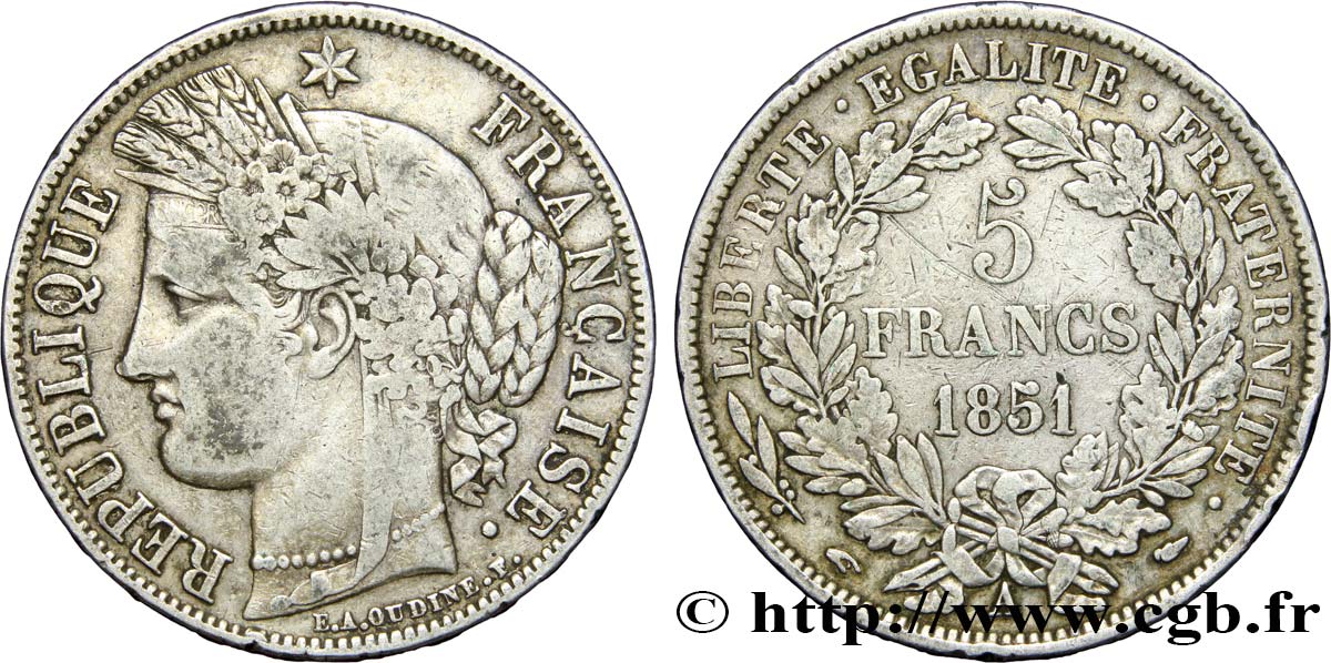 5 francs Cérès, IIe République 1851 Paris F.327/7 TB35 