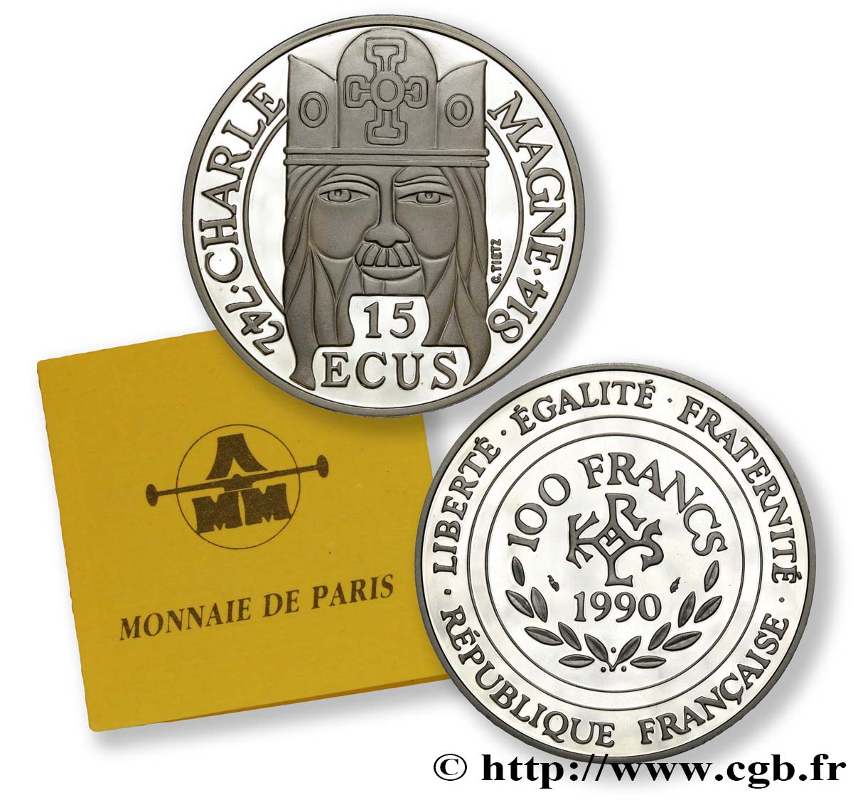 Belle Epreuve 15 écus / 100 francs Charlemagne 1990 Paris F.2000 1 MS 