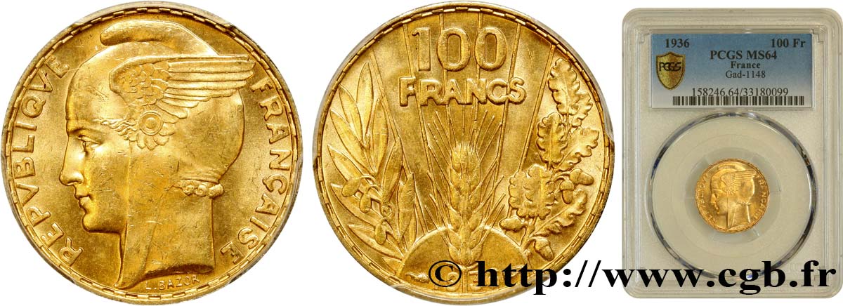 100 francs or, Bazor 1936  F.554/8 MS64 PCGS