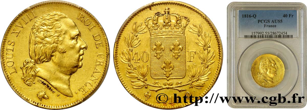 40 francs or Louis XVIII 1816 Perpignan F.542/4 AU55 PCGS